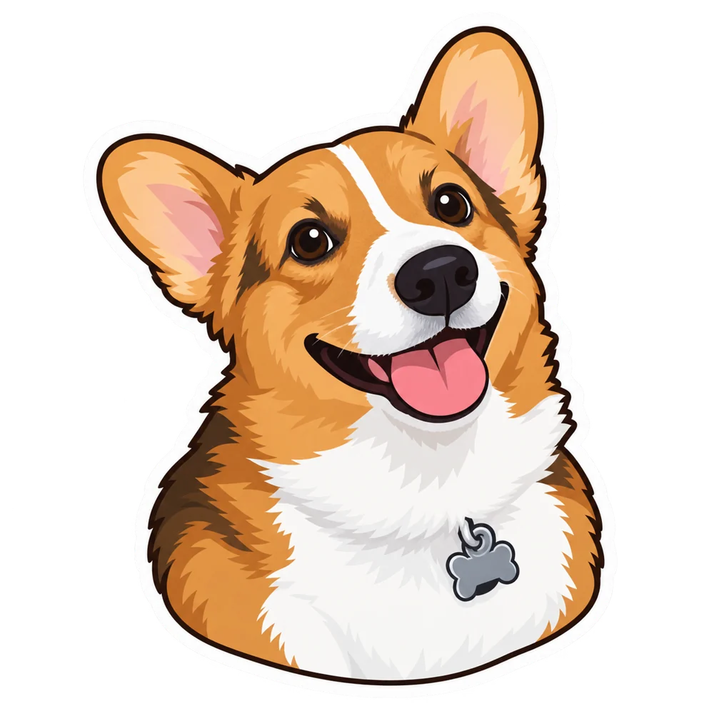 Rysunkowa naklejka radosnego corgi z rudymi uszami, białym pyskiem i szarą zawieszką